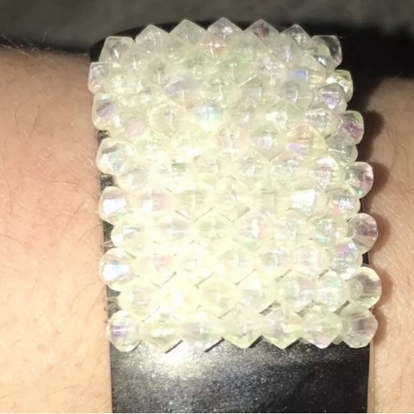 Aurora Borealis Geometric Square Beaded Large Thick Stainless Steel Cuff Bangle - Picture 9 of 12